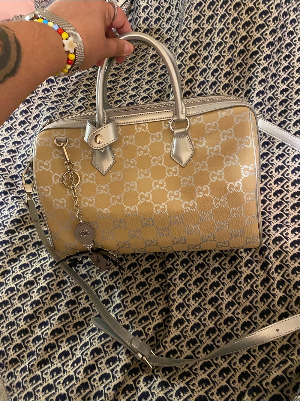 Gucci Inspired Beige Monogram Top-Handle Bag with Silver Trim